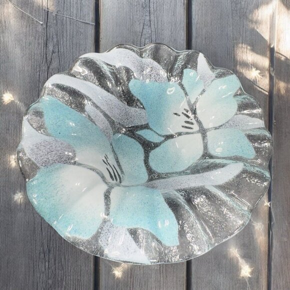 Sydenstricker Bowl Dish Fused Art Glass Ruffled Clear Blue Flowers VTG Signed - Picture 1 of 13